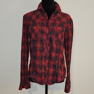Vintage GAP Red Plaid Western-Style Button Shirt With Rufflw Trim